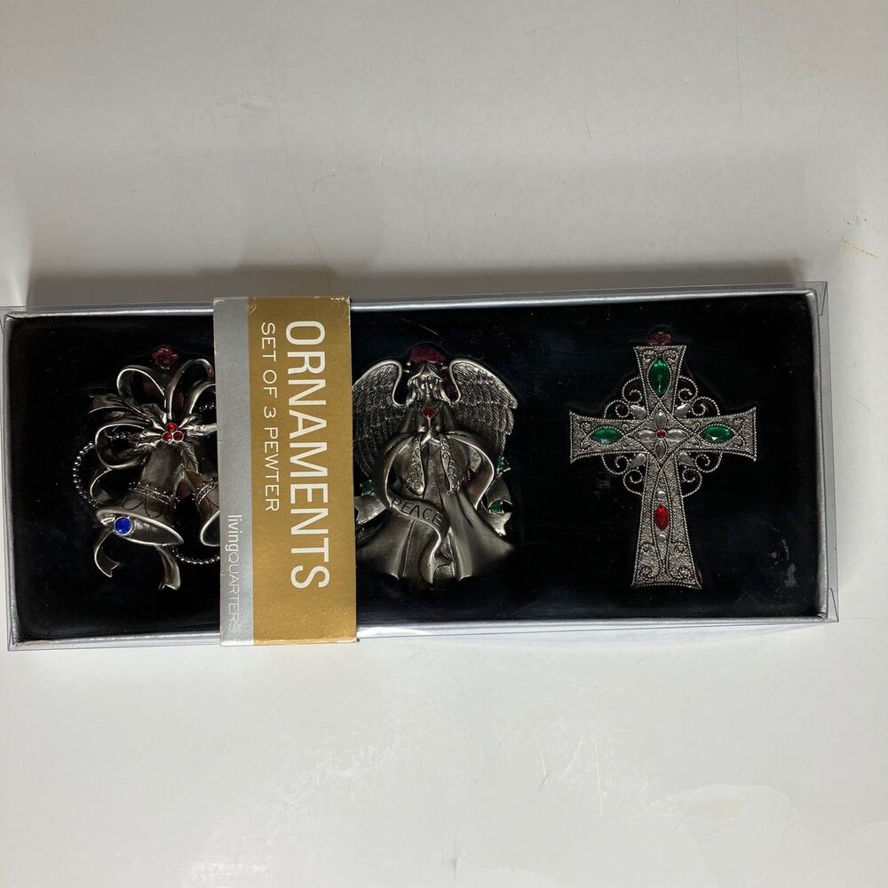 Set of 3 Pewter Ornaments by Living Quarters Bells, Angel, & Cross 3” Each NIB